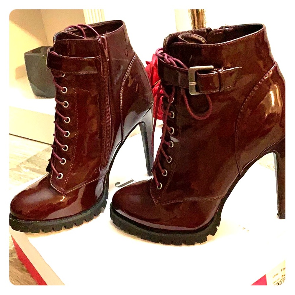 Burgundy Patent Leather Lace Up Ankle Boots